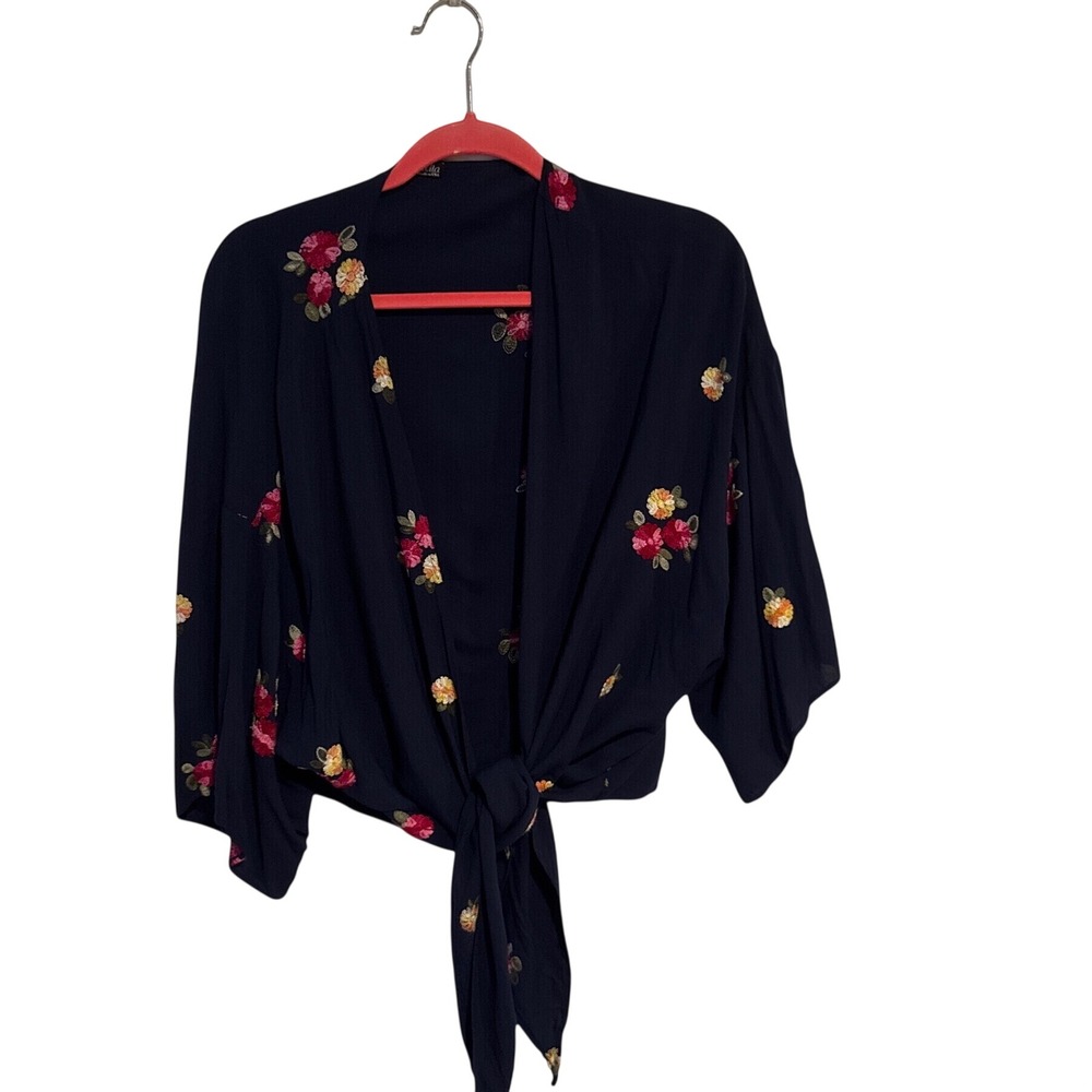 Ariella Navy Blue Floral Embroidered Tie Front Wrap Cropped Top Made in USA M/L